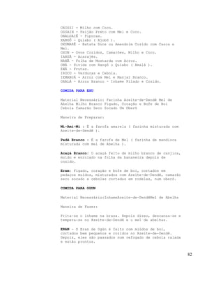 OXOSSI - Milho com Coco.
OSSAIN - Feijão Preto com Mel e Coco.
OBALUAIÊ - Pipocas.
XANGÔ - Quiabo ( Ajobô ).
OXUMARÊ - Batata Doce ou Amendoim Cozido com Casca e
Mel.
OXUN - Ovos Cozidos, Camarões, Milho e Coco.
IANSÃ - Acarajés.
NANÃ - Folha de Mostarda com Arroz.
OBÁ - Divide com Xangô o Quiabo ( Amalá ).
EWÁ - Frutas.
IROCO - Verduras e Cebola.
IEMANJÁ - Arroz com Mel e Manjar Branco.
OXALÁ - Arroz Branco - Inhame Pilado e Cozido.
COMIDA PARA EXU
Material Necessário: Farinha Azeite-de-Dendê Mel de
Abelha Milho Branco Figado, Coração e Bofe de Boi
Cebola Camarão Seco Socado Um Oberó
Maneira de Preparar:
Mi-Ami-Mi : É a farofa amarela ( farinha misturada com
Azeite-de-Dendê ).
Padê Branco : É a farofa de Mel ( farinha de mandioca
misturada com mel de Abelha ).
Acaçá Branco: O acaçá feito de milho branco de canjica,
moído e enrolado na folha da bananeira depois de
cozido.
Eram: Figado, coração e bofe de boi, cortados em
pedaços muídos, misturados com Azeite-de-Dendê, camarão
seco socado e cebolas cortadas em rodelas, num oberó.
COMIDA PARA OGUN
Material Necessário:InhameAzeite-de-DendêMel de Abelha
Maneira de Fazer:
Frita-se o inhame na brasa. Depois disso, descansa-se e
tempera-se no Azeite-de-Dendê e o mel de abelhas.
ERAN - O Eran de Ogún é feito com miúdos de boi,
cortados bem pequenos e cozidos no Azeite-de-Dendê.
Depois, eles são passados num refogado de cebola ralada
e estão prontos.
82
 