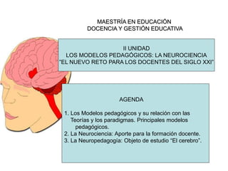 AGENDA
1. Los Modelos pedagógicos y su relación con las
Teorías y los paradigmas. Principales modelos
pedagógicos.
2. La Neurociencia: Aporte para la formación docente.
3. La Neuropedagogía: Objeto de estudio “El cerebro”.
II UNIDAD
LOS MODELOS PEDAGÓGICOS: LA NEUROCIENCIA
”EL NUEVO RETO PARA LOS DOCENTES DEL SIGLO XXI”
MAESTRÍA EN EDUCACIÓN
DOCENCIA Y GESTIÓN EDUCATIVA
 