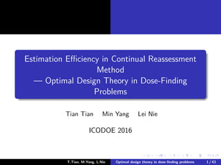 Estimation Eﬃciency in Continual Reassessment
Method
— Optimal Design Theory in Dose-Finding
Problems
Tian Tian Min Yang Lei Nie
ICODOE 2016
T.Tian, M.Yang, L.Nie Optimal design theory in dose-ﬁnding problems 1 / 43
 