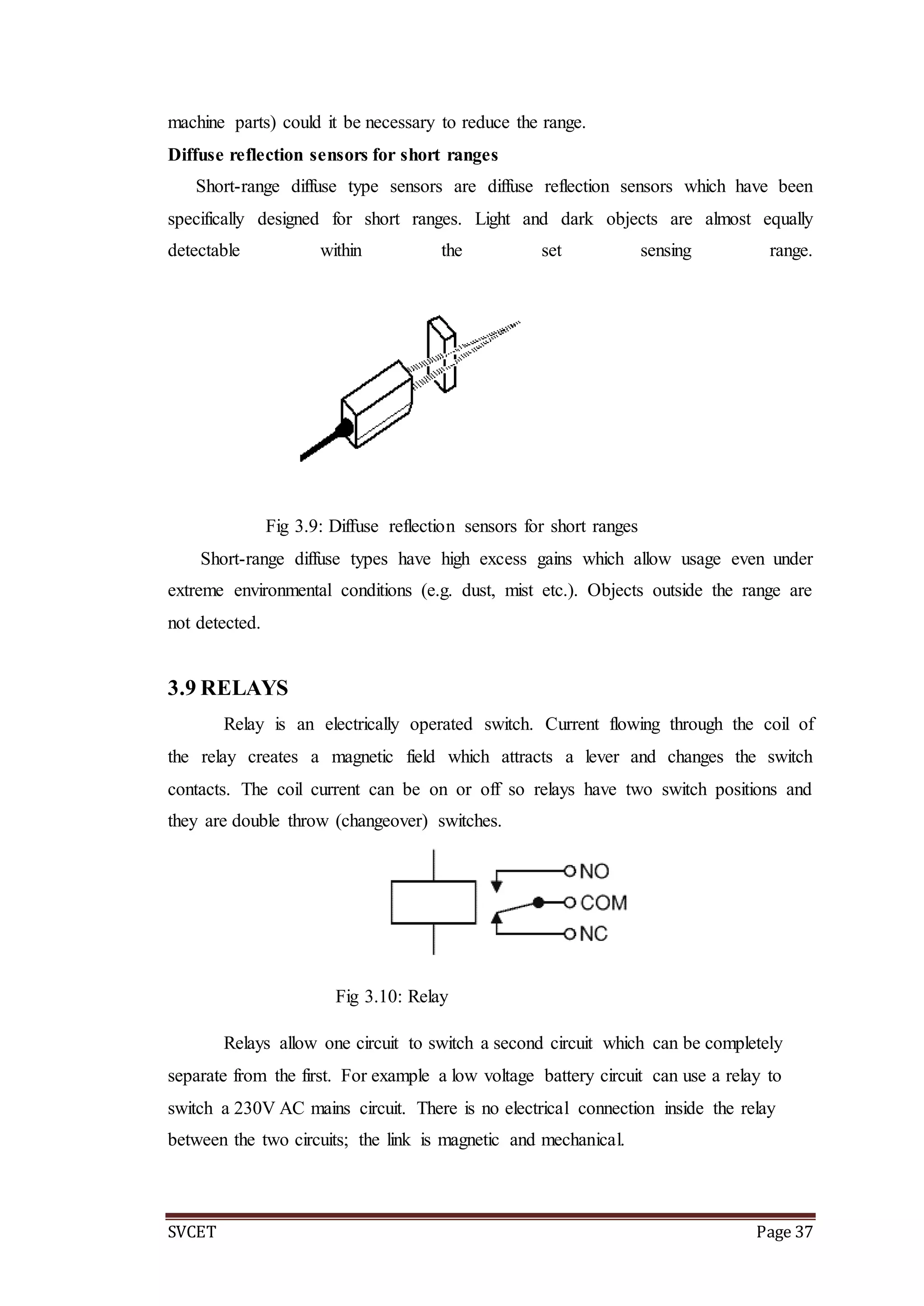 SVCET Page 37
machine parts) could it be necessary to reduce the range.
Diffuse reflection sensors for short ranges
Short-range diffuse type sensors are diffuse reflection sensors which have been
specifically designed for short ranges. Light and dark objects are almost equally
detectable within the set sensing range.
Fig 3.9: Diffuse reflection sensors for short ranges
Short-range diffuse types have high excess gains which allow usage even under
extreme environmental conditions (e.g. dust, mist etc.). Objects outside the range are
not detected.
3.9 RELAYS
Relay is an electrically operated switch. Current flowing through the coil of
the relay creates a magnetic field which attracts a lever and changes the switch
contacts. The coil current can be on or off so relays have two switch positions and
they are double throw (changeover) switches.
Fig 3.10: Relay
Relays allow one circuit to switch a second circuit which can be completely
separate from the first. For example a low voltage battery circuit can use a relay to
switch a 230V AC mains circuit. There is no electrical connection inside the relay
between the two circuits; the link is magnetic and mechanical.
 