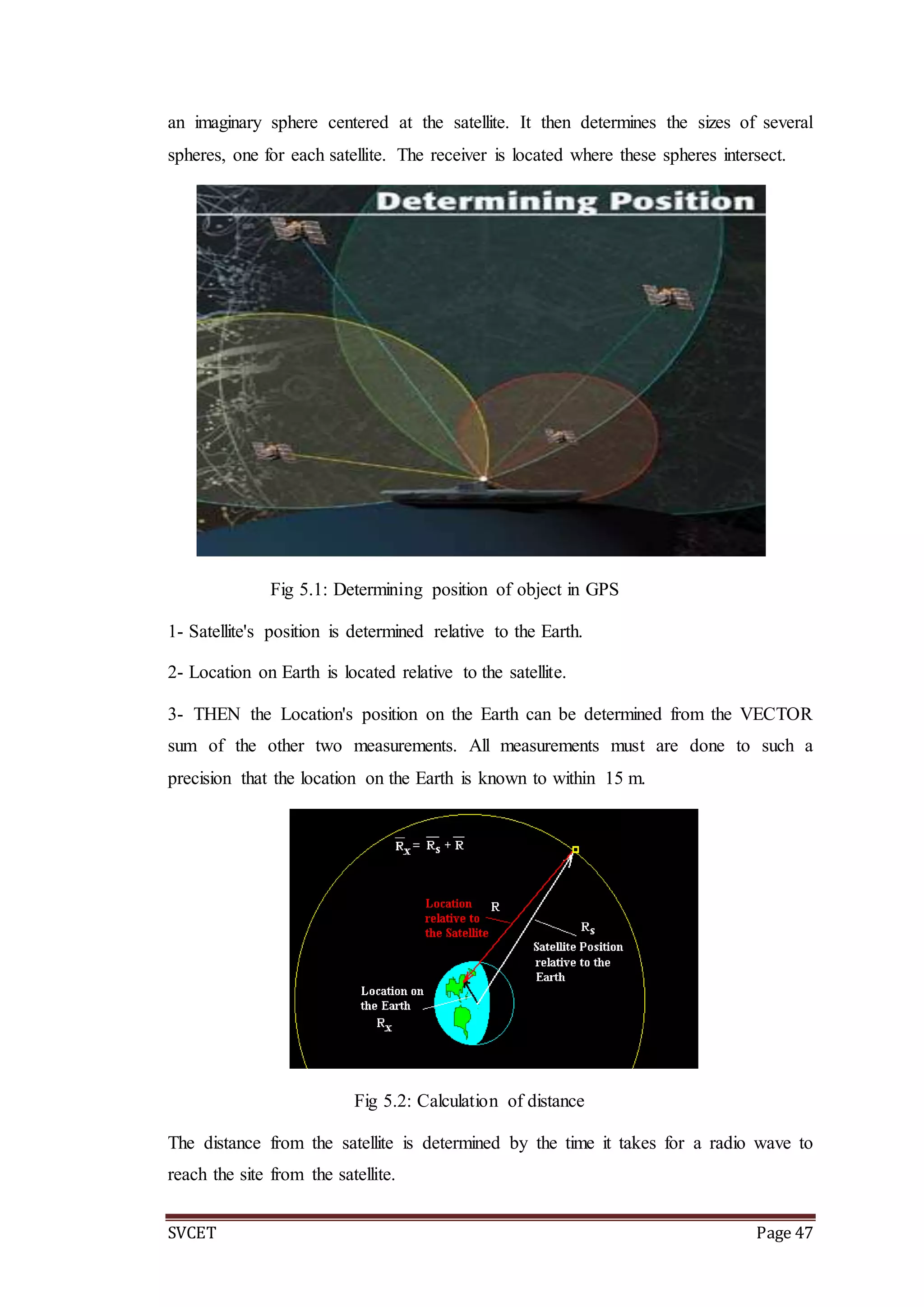 SVCET Page 47
an imaginary sphere centered at the satellite. It then determines the sizes of several
spheres, one for each satellite. The receiver is located where these spheres intersect.
Fig 5.1: Determining position of object in GPS
1- Satellite's position is determined relative to the Earth.
2- Location on Earth is located relative to the satellite.
3- THEN the Location's position on the Earth can be determined from the VECTOR
sum of the other two measurements. All measurements must are done to such a
precision that the location on the Earth is known to within 15 m.
Fig 5.2: Calculation of distance
The distance from the satellite is determined by the time it takes for a radio wave to
reach the site from the satellite.
 