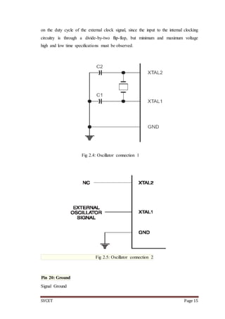 SVCET Page 15
on the duty cycle of the external clock signal, since the input to the internal clocking
circuitry is through a divide-by-two flip-flop, but minimum and maximum voltage
high and low time specifications must be observed.
Fig 2.4: Oscillator connection 1
Fig 2.5: Oscillator connection 2
Pin 20: Ground
Signal Ground
 
