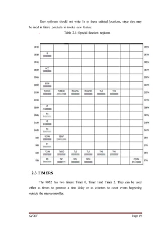 SVCET Page 19
User software should not write 1s to these unlisted locations, since they may
be used in future products to invoke new feature.
. Table 2.1: Special function registers
2.3 TIMERS
The 8052 has two timers: Timer 0, Timer 1and Timer 2. They can be used
either as timers to generate a time delay or as counters to count events happening
outside the microcontroller.
 
