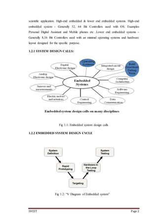SVCET Page 2
scientific application. High-end embedded & lower end embedded systems. High-end
embedded system - Generally 32, 64 Bit Controllers used with OS. Examples
Personal Digital Assistant and Mobile phones etc .Lower end embedded systems -
Generally 8,16 Bit Controllers used with an minimal operating systems and hardware
layout designed for the specific purpose.
1.2.1 SYSTEM DESIGN CALLS:
Fig 1.1: Embedded system design calls
1.2.2 EMBEDDED SYSTEM DESIGN CYCLE
Fig 1.2: “V Diagram of Embedded system”
 
