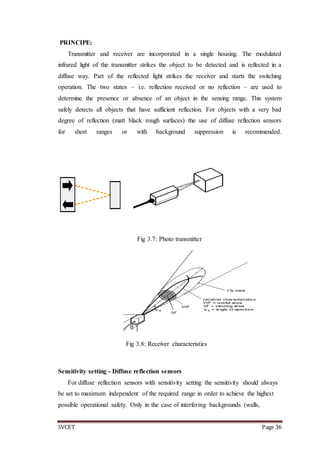 SVCET Page 36
PRINCIPE:
Transmitter and receiver are incorporated in a single housing. The modulated
infrared light of the transmitter strikes the object to be detected and is reflected in a
diffuse way. Part of the reflected light strikes the receiver and starts the switching
operation. The two states – i.e. reflection received or no reflection – are used to
determine the presence or absence of an object in the sensing range. This system
safely detects all objects that have sufficient reflection. For objects with a very bad
degree of reflection (matt black rough surfaces) the use of diffuse reflection sensors
for short ranges or with background suppression is recommended.
Fig 3.7: Photo transmitter
Fig 3.8: Receiver characteristics
Sensitivity setting - Diffuse reflection sensors
For diffuse reflection sensors with sensitivity setting the sensitivity should always
be set to maximum independent of the required range in order to achieve the highest
possible operational safety. Only in the case of interfering backgrounds (walls,
 