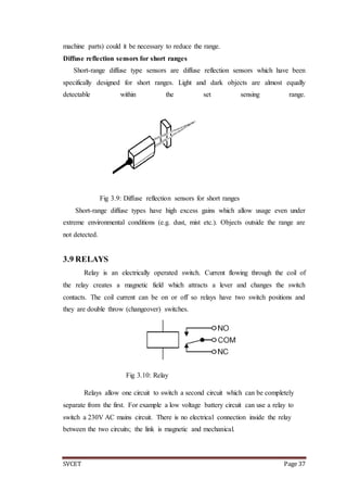 SVCET Page 37
machine parts) could it be necessary to reduce the range.
Diffuse reflection sensors for short ranges
Short-range diffuse type sensors are diffuse reflection sensors which have been
specifically designed for short ranges. Light and dark objects are almost equally
detectable within the set sensing range.
Fig 3.9: Diffuse reflection sensors for short ranges
Short-range diffuse types have high excess gains which allow usage even under
extreme environmental conditions (e.g. dust, mist etc.). Objects outside the range are
not detected.
3.9 RELAYS
Relay is an electrically operated switch. Current flowing through the coil of
the relay creates a magnetic field which attracts a lever and changes the switch
contacts. The coil current can be on or off so relays have two switch positions and
they are double throw (changeover) switches.
Fig 3.10: Relay
Relays allow one circuit to switch a second circuit which can be completely
separate from the first. For example a low voltage battery circuit can use a relay to
switch a 230V AC mains circuit. There is no electrical connection inside the relay
between the two circuits; the link is magnetic and mechanical.
 