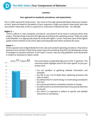 The DISC Index Four Components of Behavior
crystalbriseno
Copyright 2015 Innermetrix Incorporated • All rights reserved 10
Cautious
Your approach to standards, procedures, and expectations.
The C in DISC represents Cautiousness. Your score on the scale represented below shows your location
on the C spectrum based on the pattern of your responses. A high score doesn't mean good, and a low
score doesn't mean bad, as this is a spectrum or continuum of behavioral traits. For example:
Higher C —
Tend to adhere to rules, standards, procedures, and protocol set by those in authority whom they
respect. They like things to be done the right way according to the operating manual. "Rules are made
to be followed" is an appropriate motto for those with higher C scores. They have some of the highest
quality control interests of any of the styles and frequently wish others would do the same.
Lower C —
Tend to operate more independently from the rules and standard operating procedures. They tend to
be bottom-line oriented. If they find an easier way to do something, they'll do it by developing a variety
of strategies as situations demand. To the Lower C scores, rules are only guidelines, and may be bent
or broken as necessary to obtain results.
0
10
20
30
40
50
60
70
80
90
100
Natural 77 /Adaptive 53 Your score shows a moderately high score on the 'C' spectrum. The
comments below highlight some of the traits specific to just your
unique score.
• You are excellent at gathering detailed information and
examples.
• You like to use a lot of detail when explaining processes and
tasks to others.
• You believe that if it's worth doing, it's worth doing correctly the
first time.
• You may be perceived as somewhat resistant to change.
• You like to work in an environment that is very precise and more
structured.
• You think it is important to adhere to specific and detailed
instructions or procedures.
 