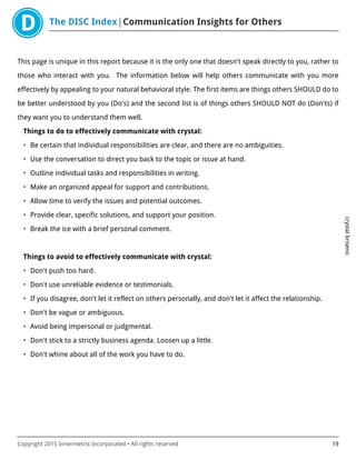 The DISC Index Communication Insights for Others
crystalbriseno
Copyright 2015 Innermetrix Incorporated • All rights reserved 19
This page is unique in this report because it is the only one that doesn't speak directly to you, rather to
those who interact with you. The information below will help others communicate with you more
effectively by appealing to your natural behavioral style. The first items are things others SHOULD do to
be better understood by you (Do's) and the second list is of things others SHOULD NOT do (Don'ts) if
they want you to understand them well.
Things to do to effectively communicate with crystal:
• Be certain that individual responsibilities are clear, and there are no ambiguities.
• Use the conversation to direct you back to the topic or issue at hand.
• Outline individual tasks and responsibilities in writing.
• Make an organized appeal for support and contributions.
• Allow time to verify the issues and potential outcomes.
• Provide clear, specific solutions, and support your position.
• Break the ice with a brief personal comment.
Things to avoid to effectively communicate with crystal:
• Don't push too hard.
• Don't use unreliable evidence or testimonials.
• If you disagree, don't let it reflect on others personally, and don't let it affect the relationship.
• Don't be vague or ambiguous.
• Avoid being impersonal or judgmental.
• Don't stick to a strictly business agenda. Loosen up a little.
• Don't whine about all of the work you have to do.
 
