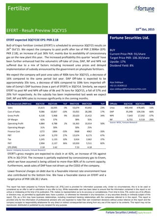  
Fortune Securities Limited | Equity Research
                                                                                                                                                                                                                                    
 
 
EFERT expected 3QCY15E EPS: PKR 2.18 
BoD of Engro Fertilizer Limited (EFERT) is scheduled to announce 3QCY15 results on 
26th
 Oct’15. We expect the company to post profit after tax of PKR 2.904bn (EPS: 
PKR 2.18), an increase of just 36% YoY, mainly due to availability of concessionary 
gas on the new plant this year.  The increased profitability this quarter ‘would’ have 
been further enhanced had the volumetric off‐take of Urea, DAP, NP and NPK not 
suffered  due  to  a  mix  of  factors  including  increased  urea  prices  and  delayed 
implementation of subsidy announced by the government on phosphate fertilizers.  
We expect the company will post urea sales of 400k tons for 3QCY15, a decrease of 
16%  compared  to  the  same  period  last  year.  DAP  Off‐take  is  expected  to  be 
approximately 35k tons, a decrease of 66% compared to 104k tons imported off‐
take of Eximp’s DAP business (now a part of EFERT) in 3QCY14. Similarly, we expect 
EFERT to post NP and NPK off‐take of 8k and 7k tons for 3QCY15, a fall of 57% and 
29% YoY respectively. As the subsidy has been implemented last week we expect 
DAP, NP and NPK sales to increase significantly in the coming months.  
 
 
 
 
 
 
 
 
 
EFERT’s gross margins are expected to clock in at 42%, an increase of 5% against 
37% in 3Q CY14. The increase is partially explained by concessionary gas to Enven, 
which we have assumed is being utilized to more than 80% of its current capacity. 
Furthermore, weak sales of DAP have not driven up the COGS of the company.  
Lower financial charges on debt due to a favorable interest rate environment have 
also contributed to the bottom line. We have a favorable stance on EFERT and a 
target price of PKR 106.30 / share.  
 
Fertilizer 
 
EFERT ‐ Result Preview 3QCY15
                          
 
 
22nd
 Oct, 2015
Fortune Securities Ltd.
 
BUY 
Current Price PKR: 91/share 
Target Price PKR: 106.30/share 
Upside: 17% 
Dividend Yield: 8% 
 
 
Aijaz Siddique                                                    
+92‐21‐35309112                                       
aijaz.siddique@fortunesecurities.com   
Key Financials (PKR’mn)  3QCY15E  3QCY14A  YoY  9MCY15E  9MCY14A  YoY 
Sales   15,615  16,035  ‐3%  53,674  43,692  23% 
Cost of Sales  9,086  10,067  ‐10%  33,055  28,280  17% 
Gross Profit  6,530  5,968  9%  20,620  15,412  34% 
GP Margin  42%  37%     38%  35%    
Operating Profit  4,884  4,788  2%  16,363  10,914  50% 
Operating Margin  31%  30%     30%  25%    
Finance Cost  1272  1894  ‐33%  3668  4962  ‐26% 
PBT  4,149  3,270  27%  13,674  8,173  67% 
Tax  1,245  1,133  10%  3,654  2,662  37% 
PAT  2,904  2,137  36%  10,020  5,511  82% 
EPS (PKR)  2.18  1.62     7.53  4.18    
Source: Company Accounts, Fortune Research 
This report has been prepared by Fortune Securities Ltd. [FSL] and is provided for information purposes only. Under no circumstances, this is to be used or
considered as an offer to sell or solicitation or any offer to buy. While reasonable care has been taken to ensure that the information contained in this report is not
untrue or misleading at the time of its publication, FSL makes no representation as to its accuracy or completeness. From time to time, FSL and/or any of its officers
or directors may, as permitted by applicable laws, have a position, or otherwise be interested in any transaction, in any securities directly or indirectly subject of this
report. FSL as a firm may have business relationships, including investment banking relationships with the companies referred to in this report. This report is
provided only for the information of professional advisers who are expected to make their own investment decisions without undue reliance on this report and the
company accepts no responsibility whatsoever for any direct or indirect consequential loss arising from any use of this report or its contents. This report may not be
reproduced, distributed or published by any recipient for any purpose.
Offtake  3QCY15E  3QCY14A  YoY 
Urea  400,440  478,685  ‐16% 
DAP  35,048  104,336  ‐66% 
NPK  7,643  17,592  ‐57% 
NP  6,755  9,518  ‐29% 
Source: NFDC, Fortune Research 
 