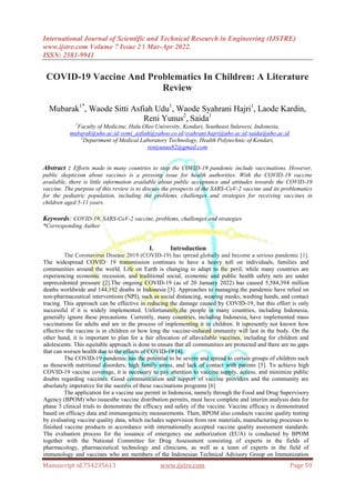 COVID-19 Vaccine And Problematics In Children: A Literature Review | PDF