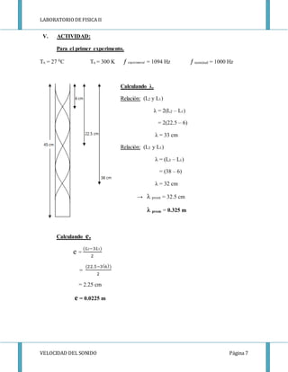 LABORATORIODE FISICA II
VELOCIDAD DEL SONIDO Página 7
V. ACTIVIDAD:
Para el primer experimento.
TA = 27 0C TA = 300 K ƒ experimental = 1094 Hz ƒ nominal = 1000 Hz
Calculando λ.
Relación: (L2 y L1)
λ = 2(L2 – L1)
= 2(22.5 – 6)
λ = 33 cm
Relación: (L3 y L1)
λ = (L3 – L1)
= (38 – 6)
λ = 32 cm
→ λ prom = 32.5 cm
λ prom = 0.325 m
Calculando e.
e =
(𝐿2−3𝐿1)
2
=
(22.5−3(6))
2
= 2.25 cm
e = 0.0225 m
 