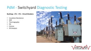 PdM - Switchyard Diagnostic Testing
Bushings - CTs – VTs – Circuit Breakers
• Insulation Resistance
• DDF
• Thermography
• PD
• Corona
• Oil Analysis
 