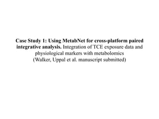 Case Study 1: Using MetabNet for cross-platform paired
integrative analysis. Integration of TCE exposure data and
physiological markers with metabolomics
(Walker, Uppal et al. manuscript submitted)
 