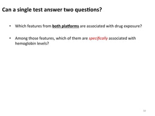 Can	a	single	test	answer	two	ques6ons?	
•  Which	features	from	both	pla]orms	are	associated	with	drug	exposure?	
•  Among	those	features,	which	of	them	are	speciﬁcally	associated	with	
hemoglobin	levels?	
50	
 
