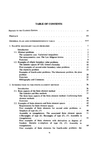 TABLE OF CONTENTS
PREFACE TO THE CLASSICS EDITION xv
PREFACE xix
GENERAL PLAN ANDINTERDEPENDENCE TABLE xxvi
1. ELLIPTIC BOUNDARY VALUE PROBLEMS 1
Introduction 1
1.1. Abstract problems 2
The symmetric case. Variational inequalities 2
The nonsymmetric case. The Lax-Milgram lemma 7
Exercises 9
1.2. Examples of elliptic boundary value problems 10
The Sobolev spaces Hm
(l3). Green's formulas 10
First examples of second-order boundary value problems . . . . 15
The elasticity problem 23
Examples of fourth-order problems: The biharmonic problem, the plate
problem 28
Exercises 32
Bibliography and Comments 35
2. INTRODUCTION TO THE FINITE ELEMENT METHOD 36
Introduction 36
2.1. Basic aspects of the finite element method 37
The Galerkin and Ritz methods 37
The three basic aspects of the finite element method. Conforming finite
element methods 38
Exercises 43
2.2. Examples of finite elements and finite element spaces 43
Requirements for finite element spaces 43
First examples of finite elements for second order problems: n-
Simplices of type (k), (3') 44
Assembly in triangulations. The associated finite element spaces 51
n-Rectangles of type (k). Rectangles of type (2'), (3')- Assembly in
triangulations 55
First examples of finite elements with derivatives as degrees of
freedom: Hermite n-simplices of type (3), (3'). Assembly in
triangulations 64
First examples of finite elements for fourth-order problems: the
ix
 