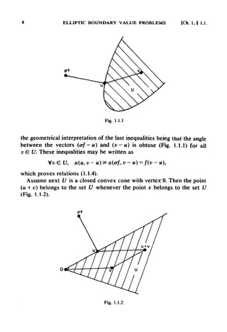 ELLIPTIC BOUNDARY VALUE PROBLEMS [Ch. 1,8 1.1.
Fig. 1.1.1
the geometrical interpretation of the last inequalities being that the angle
between the vectors (erf - u) and (v - u) is obtuse (Fig. 1.1.1) for all
v E U. These inequalities may be written as
4
which proves relations (1.1.4).
Assume next U is a closed convex cone with vertex"0. Then the point
(u + v) belongs to the set U whenever the point v belongs to the set U
(Fig. 1.1.2).
Fig. 1.1.2
 