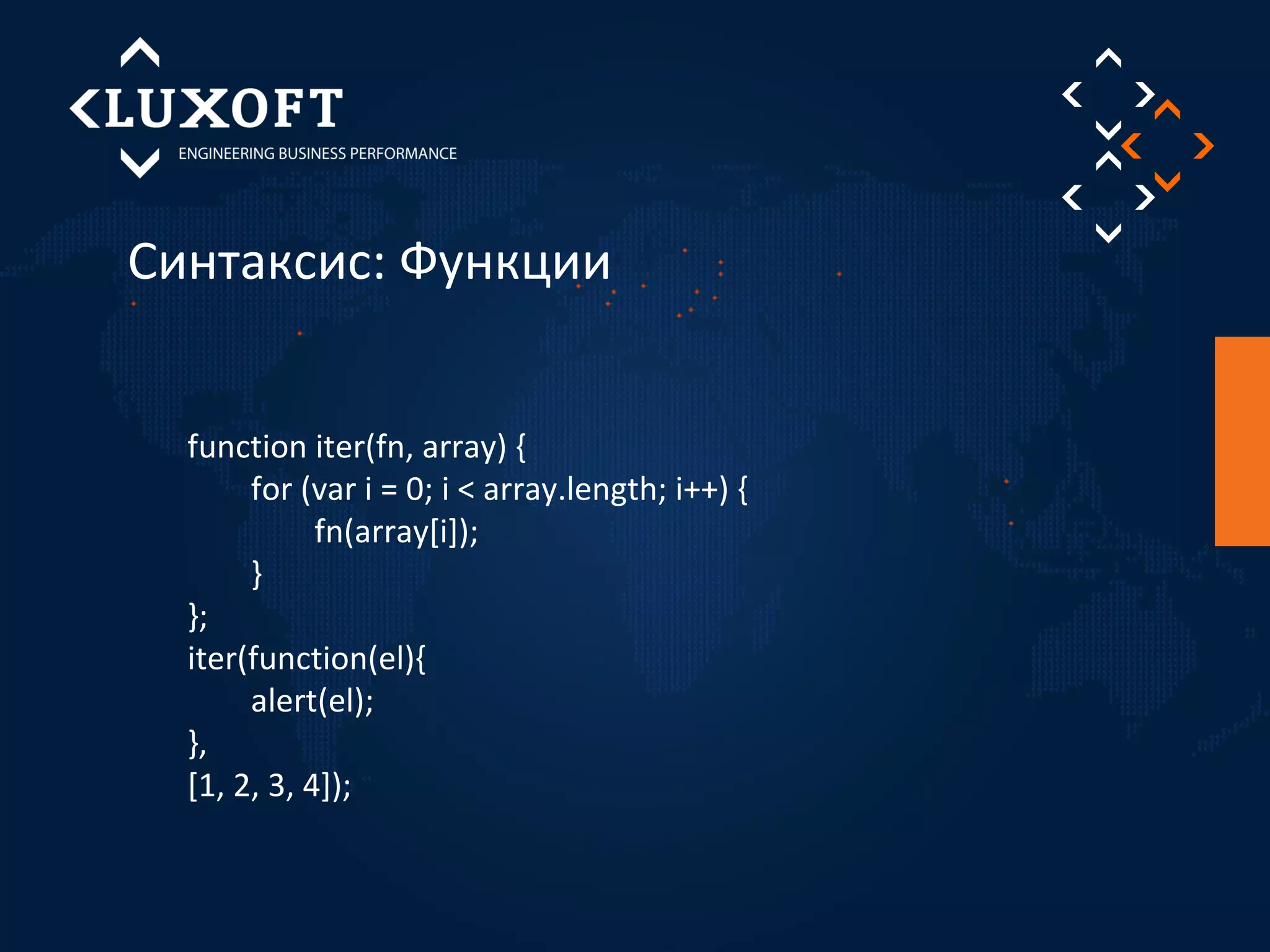 Синтаксис: Функции 
function iter(fn, array) { 
for (var i = 0; i < array.length; i++) { 
fn(array[i]); 
} 
}; 
iter(function(el){ 
alert(el); 
}, 
[1, 2, 3, 4]); 
 
