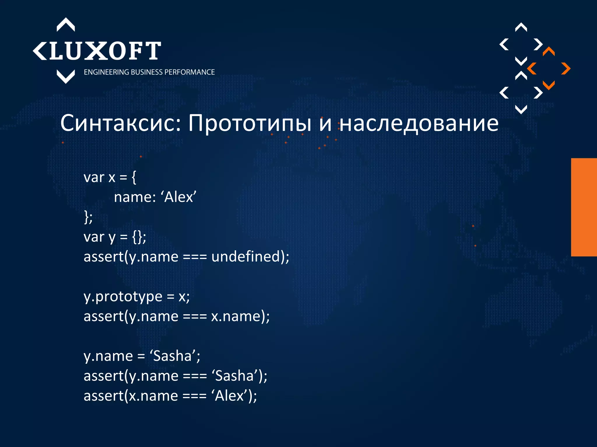 Синтаксис: Прототипы и наследование 
var x = { 
name: ‘Alex’ 
}; 
var y = {}; 
assert(y.name === undefined); 
y.prototype = x; 
assert(y.name === x.name); 
y.name = ‘Sasha’; 
assert(y.name === ‘Sasha’); 
assert(x.name === ‘Alex’); 
 