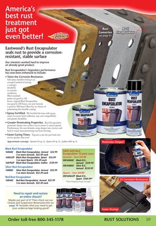 America’s
best rust
treatment
just got                                                                                                      Rust		
                                                                                                            Converter
                                                                                                                              Rust	
                                                                                                                          Encapsulator
even better!                                                                                                see page 61



Eastwood’s Rust Encapsulator
seals rust to provide a corrosion-
resistant, stable surface
Our chemists worked hard to improve
an already great product.
Rust Encapsulator’s legendary performance
has now been enhanced to include:
• Twice the Corrosion Resistance.
 Salt spray chamber testing is an
 accepted method of testing
 a coating’s
 durability
 in extreme
 conditions.
 Most standard
 paints are good to 150
 hours, original Rust Encapsulator
 was good to 250 hours, our new formula
 is good to 500 hours! Rust has no chance of
 penetrating this durable coating.
• Epoxy Fortified. We fortified the base with epoxy
 resins to ensure better adhesion, top-coat compatibility
 and greater durability.
• Greater Penetrating Properties. Rust Encapsulator
 penetrates deeper into surface rust to ensure it cannot spread.
 Furthermore, the new formula creeps deeper into crevices and
 hard to reach areas preventing rust from forming.
• Faster Curing Times. Topcoat or put the part back into
 service quicker than ever!
 Approximate coverage: Aerosol-10 sq. ft., Quart-50 sq. ft., Gallon-200 sq. ft.                               Penetrates Deeper!

Black Rust Encapsulator
16060Z	    Black	Rust	Encapsulator,	Aerosol			$22.99	 	            SAVE with Rust
	          3	or	more	Aerosols		$22.49	each                         Encapsulator 12 pack cases
16065ZP	   Black	Rust	Encapsulator,	Quart			$34.99	 	              Aerosols – Save $35.89
	          3	or	more	Quarts		$34.49	each                           EW16060Z	 Black	R.E.,		
16070ZP	   Black	Rust	Encapsulator,	Gallon			$129.99               	            Aerosol			$239.99
                                                                   EW16080Z	 Silver	R.E.,		
Silver Rust Encapsulator
                                                                   	            Aerosol		$239.99
16080Z	    Silver	Rust	Encapsulator,	Aerosol			$22.99	 	
	          3	or	more	Aerosols		$22.49	each                         Quarts – Save $49.89
Red Rust Encapsulator                                              EW16065ZP	 Black	R.E.,		
                                                                   	           Quart		$369.99*                                 2X Corrosion Resistance!
16040Z	    Red	Rust	Encapsulator,	Aerosol		$22.99	          	         *Special shipping charges may apply
	          3	or	more	Aerosols		$22.49	each



          Need to repair and restore
              an entire chassis?
   Maybe just part of it? Then check out our
  Chassis and Suspension Restoration Kits on
   page 19. Includes what you need to get
      your undercarriage looking good!                                                                        Faster Drying!


  Order toll-free 800-345-1178                                                                                  RuST SOluTiONS                       59
 