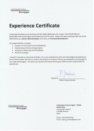 Experience Certificate - Stefan Blattmann - OAMI