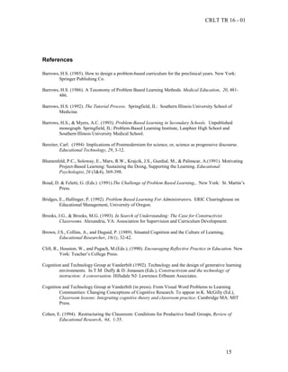 CRLT TR 16 - 01




References

Barrows, H.S. (1985). How to design a problem-based curriculum for the preclinical years. New York:
        Springer Publishing Co.

Barrows, H.S. (1986). A Taxonomy of Problem Based Learning Methods. Medical Education, 20, 481-
        486.

Barrows, H.S. (1992). The Tutorial Process. Springfield, IL: Southern Illinois University School of
        Medicine.

Barrows, H.S., & Myers, A.C. (1993). Problem-Based Learning in Secondary Schools. Unpublished
        monograph. Springfield, IL: Problem-Based Learning Institute, Lanphier High School and
        Southern Illinois University Medical School.

Bereiter, Carl. (1994) Implications of Postmodernism for science, or, science as progressive discourse.
         Educational Technology, 29, 3-12.

Blumenfeld, P.C., Soloway, E., Marx, R.W., Krajcik, J.S., Guzdial, M., & Palinscar, A.(1991). Motivating
       Project-Based Learning: Sustaining the Doing, Supporting the Learning. Educational
       Psychologist, 26 (3&4), 369-398.

Boud, D. & Feletti, G. (Eds.) (1991).The Challenge of Problem Based Learning,. New York: St. Martin’s
        Press.

Bridges, E., Hallinger, P. (1992). Problem Based Learning For Administrators. ERIC Clearinghouse on
         Educational Management, University of Oregon.

Brooks, J.G., & Brooks, M.G. (1993). In Search of Understanding: The Case for Constructivist
         Classrooms. Alexandria, VA: Association for Supervision and Curriculum Development.

Brown, J.S., Collins, A., and Duguid, P. (1989). Situated Cognition and the Culture of Learning,
        Educational Researcher, 18(1), 32-42.

Clift, R., Houston, W., and Pugach, M.(Eds.), (1990). Encouraging Reflective Practice in Education. New
          York: Teacher’s College Press.

Cognition and Technology Group at Vanderbilt (1992). Technology and the design of generative learning
        environments. In T.M. Duffy & D. Jonassen (Eds.), Constructivism and the technology of
        instruction: A conversation. Hillsdale NJ: Lawrence Erlbaum Associates.

Cognition and Technology Group at Vanderbilt (in press). From Visual Word Problems to Learning
        Communities: Changing Conceptions of Cognitive Research. To appear in K. McGilly (Ed.),
        Classroom lessons: Integrating cognitive theory and classroom practice. Cambridge MA: MIT
        Press.

Cohen, E. (1994). Restructuring the Classroom: Conditions for Productive Small Groups, Review of
        Educational Research, 64, 1-35.




                                                                                                   15
 