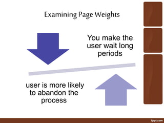Examining PageWeights
You make the
user wait long
periods
user is more likely
to abandon the
process
 