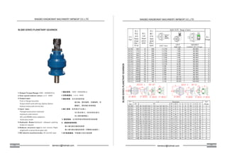 13 14
BL300 SERIES PLANETARY GEARBOX Range of ratios
Type Rated
torque
(Max.)
(N.m)
Rated
power
(KW)
Input
speed
(Max.)
(rpm) Inline
Right angle Combined with worm gear
Design
BL300 1000 20 3000 3.3-2700 7-800 400-9000 A
BL301 1750 30 3000 3.3-2700 7-800 400-9000 A
BL303 2500 40 3000 3.6-2900 9-900 400-9000 A
BL305 5000 60 3000 3.6-2900 9-900 400-9000 A
BL306 8500 75 2500 3.7-2900 9-900 400-9000 A
BL307 12500 100 2500 3.4-2500 13-800 400-9000 A
BL309 18500 130 2500 3.4-2500 13-800 400-9000 B
BL310 25000 150 2000 3.8-2500 40-900 400-9000 B
BL311 35000 180 2000 4-2200 18-800 400-9000 B
BL313 50000 200 2000 4-2200 18-800 400-9000 B
BL315 80000 250 1500 4-2000 70-900 400-9000 B
BL316 105000 270 1500 4-2000 50-600 400-9000 B
BL317 150000 300 1000 4-1900 70-900 400-3000 B
BL318 200000 340 1000 4-1100 200-700 400-9000 B
BL319 300000 380 500 4-1400 300-800 1000-9000 B
BL321 450000 450 300 4-1100 300-800 1000-9000 B
Dimensions
Type D1 D2 D3 D4 L1 L2 L3 L4 L5 Design
BL300 185 40 36 DIN 5482 19Z 38 42 61 58 100 14 50 A
BL301 185 40 36 DIN 5482 19Z 50 42 61 82 132 14 50 A
BL303 245 58 DIN 5482 28Z 60 75 83 105 160 15 85 A
BL305 245 53 DIN 5482 28Z 60 75 83 105 160 15 85 A
BL306 292 70 64 DIN 5482 34Z 80 90 130 130 180 40 115 A
BL307 348 80 74 DIN 5482 39Z 90 100 162 170 200 36 120 A
BL309 348 80 DIN 5482 39Z 100 120 231 165 225 82 245 B
BL310 400 100 94 DIN 5482 32Z 110 130 290 210 250 95 290 B
BL311 428 100 DIN 5482 32Z 120 135 320 210 280 88 190 B
BL313 445 120 3 DIN 5480 39Z 140 145 357 200 280 81 235 B
BL315 542 150 DIN 5480 29Z 160 180 429 240 315 98 260 B
BL316 670 170 DIN 5480 33Z 180 180 275 260 400 145 265 B
BL317 695 200 DIN 5480 39Z 200 260 352 260 415 152 318 B
BL318 800 220 DIN 5480 43Z 250 220 340 330 500 155 305 B
BL319 940 260 5 DIN 5480 51Z 280 350 470 380 550 210 440 B
BL321 1100 300 8 DIN 5480 59Z 340 390 500 540 650 250 440 B
NINGBO KINGBONNY MACHINERY IMP&EXP CO.,LTD
kemercn@hotmail.com
NINGBO KINGBONNY MACHINERY IMP&EXP CO.,LTD
kemercn@hotmail.com
 
