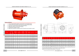 17 18
1.
2.
3.
4.
5.
6.
One-or two-stage planetary gearboxes, smooth operation and reasonable structure.
Normally closed friction type brake, high braking torque, safe and reliable operating.
Small volume, compact structure and high transmission efficiency.
Radial piston hydraulic motor with long life operating.
Mounting frame is available on request.
Balance valve, shuttle valve, limit switch and other accessories are also available on request.
Pull
Force
(KN)
Rope
Speed
(m/min)
GW2.5-10-60-10-ZP 10 0-30 238 575 15.0 10 60 GN 05-110D51 C2.5-5
GW2.5-20-50-12-ZP 20 0-30 238 1050 17.0 12 50 GN 05-200D51 C2.5-5.5
GW3-30-65-15-ZP 30 0-35 305 2125 15.9 15 65 GN 2-420D51 C3-5
GW3-40-60-16-ZP 40 0-35 305 2711.5 16.4 16 60 GN 2-500D51 C3-5.5
GW4-50-70-20-ZP 50 0-40 380 4365 16.3 20 70 GN 3-900D240101 C4-5
GW4-60-68-21.5-ZP 60 0-40 380 5428.5 16.0 21.5 68 GN 3-1000D240101 C4-5.5
GW5-80-100-24-ZP 80 0-40 470 9080 15.6 24 100 GN 5-1800D240101 C5-5
GW5-100-90-28-ZP 100 0-40 470 11039 16.0 28 90 GN 5-2000D24010 C5-5.5
GW6-120-176-30-ZP 120 0-30 600 16725 17.0 30 175 GN 6-3000D480101 C6-5.5
GW6-150-150-34-ZP 150 0-25 600 16725 19.8 34 150 GN 6-3000D480101 C6-5.5
Gearbox
Model
Working
pressures diff.
(Mpa)
Diameter
of rope
(mm)
Capacity of
rope (mm)
Hydraulic motorModel
The 1st layer
Diameter of
reel bottom
(mm)
Total
displacement
(ml/r)
Model D D1 D2 D3 A B S X L L1 L2 L3 L4 L5 L6
GW2.5 238 342 15 G1" 197 G1/4" 260 650 382 30 368 395 245
GW3 305 450 19 G1" 255 G1/4" 320 735 482 40 502 450 350
GW4 380 600 21 M33*2 336 G1/2" 372 892 564 45 636 660 500
GW5 470 720 21 M33*2 380 G1/2" 510 1158 696 70 775 750 500
GW6 600 1022 28 M33*2 570 G1/2" 866 1583 770 80 895 1092 570
For above specification and dimensions, it is just for reference. For more, please contact us.
Meanwhile, we can customise the products based on your requirements.
NINGBO KINGBONNY MACHINERY IMP&EXP CO.,LTD
kemercn@hotmail.com
NINGBO KINGBONNY MACHINERY IMP&EXP CO.,LTD
kemercn@hotmail.com
 