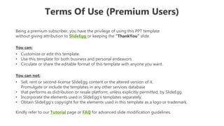 Terms Of Use (Premium Users)
Being a premium subscriber, you have the privilege of using this PPT template
without giving attribution to SlideEgg or keeping the “ThankYou” slide.
You can:
• Customize or edit this template.
• Use this template for both business and personal endeavors.
• Circulate or share the editable format of this template with anyone you want.
You can not:
• Sell, rent or second-license SlideEgg content or the altered version of it.
Promulgate or include the templates in any other services database
• that performs as distribution or resale platform, unless explicitly permitted, by SlideEgg.
• Incorporate the elements used in SlideEgg’s templates separately.
• Obtain SlideEgg’s copyright for the elements used in this template as a logo or trademark.
Kindly refer to our Tutorial page or FAQ for advanced slide modification guidelines.
 
