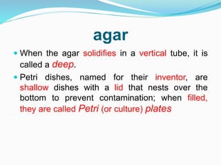agar
 When the agar solidifies in a vertical tube, it is
called a deep.
 Petri dishes, named for their inventor, are
shallow dishes with a lid that nests over the
bottom to prevent contamination; when filled,
they are called Petri (or culture) plates
 