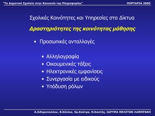 Σχολικές Κοινότητες και Υπηρεσίες στα Δίκτυα Δραστηριότητες της κοινότητας μάθησης Προσωπικές ανταλλαγές Αλληλογραφία Οικουμενικές τάξεις Ηλεκτρονικές εμφανίσεις Συνεργασία με ειδικούς Υπόδυση ρόλων Α.Σιδηροπούλου, Β.Κόλλια, Χρ.Κούτρα, Ν.Καστής, ΙΔΡΥΜΑ ΜΕΛΕΤΩΝ ΛΑΜΠΡΑΚΗ “ Το Δημοτικό Σχολείο στην Κοινωνία της Πληροφορίας” ΠΟΡΤΑΡΙΑ 2000 