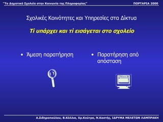 Σχολικές Κοινότητες και Υπηρεσίες στα Δίκτυα Τί υπάρχει και τί εισάγεται στο σχολείο Άμεση παρατήρηση  Παρατήρηση από απόσταση  Α.Σιδηροπούλου, Β.Κόλλια, Χρ.Κούτρα, Ν.Καστής, ΙΔΡΥΜΑ ΜΕΛΕΤΩΝ ΛΑΜΠΡΑΚΗ “ Το Δημοτικό Σχολείο στην Κοινωνία της Πληροφορίας” ΠΟΡΤΑΡΙΑ 2000 