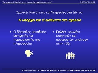 Ο δάσκαλος μοναδικός εισηγητής και παρουσιαστής της πληροφορίας  Πολλές «φωνές» εισηγητών και συνεργατών μπαίνουν στην τάξη    Α.Σιδηροπούλου, Β.Κόλλια, Χρ.Κούτρα, Ν.Καστής, ΙΔΡΥΜΑ ΜΕΛΕΤΩΝ ΛΑΜΠΡΑΚΗ “ Το Δημοτικό Σχολείο στην Κοινωνία της Πληροφορίας” ΠΟΡΤΑΡΙΑ 2000 Σχολικές Κοινότητες και Υπηρεσίες στα Δίκτυα Τί υπάρχει και τί εισάγεται στο σχολείο 