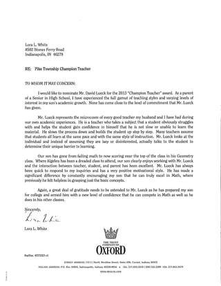 Letter from Lora White re teaching nomination
