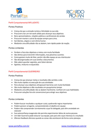 www.portalfox.com.br www.ricardopiovan.com.br
Perfil Comportamental INFLUENTE:
Pontos Positivos
• Crença de que a amizade norteia a felicidade na sua vida
• Procuram criar um net work sólido para alcançar seus objetivos
• Bons apresentadores, relações públicas e profissionais de vendas
• Procuram manter o astral da equipe sempre para cima.
• Sorridentes, alegres e com ótimo humor.
• Mediante uma dificuldade não se abalam, tem rápido poder de reação.
Pontos Limitantes
• Perdem o foco dos objetivos e metas com muita facilidade
• São ótimos para transmitir informações, mas péssimos ouvintes
• Como gostam muito de falar, porém não dão espaço ao seu interlocutor
• São desorganizados em suas tarefas e documentos
• Não sabem guardar segredos, pois falam demais
• Egoístas, imaturos e esquecidos
Perfil Comportamental GUERREIRO
Pontos Positivos
• Crença de que alcançar metas e resultados dão sentido a vida
• São muito rápidos na execução de suas atividades
• Para alcançar seus objetivos ultrapassam barreiras com muita facilidade
• São muito objetivos e dão resultados em pouquíssimo tempo
• Mediante uma dificuldade não se abatem facilmente. Confiam em suas habilidades
• Procuram soluções fora do convencional para atingir seus objetivos
Pontos Limitantes
• Podem buscar resultados a qualquer custo, quebrando regras importantes
• Podem parecer arrogante, comprometendo o trabalho em equipe
• Podem não compreender corretamente o que foi delegado, pois têm ansiedade em
executar
• Sua autoconfiança exagerada não permite experimentar idéias de outras pessoas
• Um líder Guerreiro pode estourar sua equipe, pois para ele o que interessa é o resultado
• Oferece feedback ofensivo quando as coisas não acontecem da forma como planejou
 