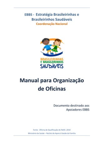 EBBS - Estratégia Brasileirinhas e
       Brasileirinhos Saudáveis
            Coordenação Nacional




Manual para Organização
     de Oficinas

                                Documento destinado aos
                                       Apoiadores EBBS




        Fonte: Oficina de Qualificação do NASF, 2010
   Ministério da Saúde – Núcleo de Apoio à Saúde da Família
 