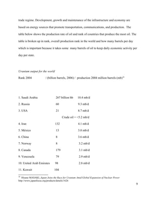 trade regime. Development, growth and maintenance of the infrastructure and economy are
based on energy sources that promote transportation, communications, and production. The
table below shows the production rate of oil and rank of countries that produce the most oil. The
table is broken up in rank, overall production rank in the world and how many barrels per day
which is important because it takes some many barrels of oil to keep daily economic activity per
day per state.
Uranium output for the world
Rank 2004 / (billion barrels, 2006) / production 2004 million barrels (mb)16
1. Saudi Arabia 267 billion bb 10.4 mb/d
2. Russia 60 9.3 mb/d
3. USA 21 8.7 mb/d
Crude oil = <5.2 mb/d
4. Iran 132 4.1 mb/d
5. México 13 3.8 mb/d
6. China 8 3.6 mb/d
7. Norway 8 3.2 mb/d
8. Canada 179 3.1 mb/d
9. Venezuela 79 2.9 mb/d
10. United Arab Emirates 98 2.8 mb/d
11. Kuwait 104
16
Hisane MASAKI, Japan Joins the Race for Uranium Amid Global Expansion of Nuclear Power
http://www.japanfocus.org/products/details/1626
9
 
