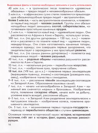 Выделенные факты ипонятия необходимо запомнить иуметь использовать
40 млн л.н. - в тропических лесах появляются «древесные
обезьяны» —предки людей и человекообразных обезьян.
5 млн л.н. - в африканских сухих степях появляются прямоходя­
щие обезьяноподобные предки людей - австралопитеки.
Более 2 млн л.н. - часть австралопитеков изменяется, и появляет­
ся первый вид людей —человек умелый. Группы этих обезья­
ноподобных людей занимались охотой, собирательством, из­
готавливали простейшие каменные орудия.
1,5 млн л.н. - появляется новый вид —«древнейшие люди». Они
расселяются из Африки в Азию и Европу, используют огонь.
300 тыс. л.н. (по другим датировкам — 150 тыс. л.н.) —появля­
ется и расселяется по планете новый вид —«древние люди»,
неандертальцы. Они стали изготавливать каменные топоры,
меховую одежду; они совершали первые захоронения, что
свидетельствует о зарождении у них простейшей религии.
100 тыс. л.н. (по самым ранним датировкам) —появляется вид
современных людей - человек разумный.
40 тыс. л.н. - родовые общины «человека разумного» рассе­
ляются по Азии и Европе.
35 тыс. л.н. —наскальные рисунки —первобытное искусство.
12 тыс. л.н. - изобретение лука, приручение собаки.
10 тыс. л.н. (VIII тыс. до н.э.) - появление первых земледельцев
(выращивали пшеницу, ячмень) и скотоводов (разводили коз,
овец), изобретение ткачества и глиноделия.
9-8 тыс. л.н. —расселение племён земледельцев-скотоводов
из Западной Азии. Образование языковых семей.
7 тыс. л.н. - начало металлообработки в Западной Азии - ка­
менный век сменяется медным и бронзовым. Изобретение
плуга, появление соседских общин, начало войн за добычу,
усиление власти вождей, расслоение общин.
6-5 тыс. л.н. - в Западной Азии разделение земледельческих и
пастушеских племён - изобретение колеса, появление оро­
шаемого земледелия.
Ок. 5 тыс. л.н. - возникновение первых городов-государств -
переход от первобытного общества к ступени цивилизации.
Основные понятия исторической науки: история, исторический
источник, счёт лет в истории, факт, оценка, научная реконст­
рукция.
16
 