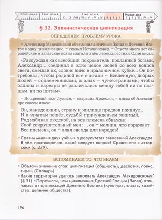 III тыс. до н.э. II тыс. до н.э. Iтыс. до н.э. Новая эра
Z L L l-li-l J I I I I II I I I I I
X | IX | VIII | VII | VI | V | IV | III | II | I
' 1 "
>
>
»
§ 32. Эллинистическая цивилизация
ОПРЕДЕЛЯЕМ ПРОБЛЕМУ УРОКА
- Александр Македонский объединил античный Запад и Древний Вос­
ток в одну цивилизацию, - сказал Источниковед. - Спустя много лет ев­
ропейские и азиатские поэты слагали о нём легенды и стихи. Один писал:
«Рассуждая как всеобщий покровитель, посланный богами,
Александр... соединил в одно целое людей со всех концов
света, смешав их, словно вино в праздничном кубке... Он по­
требовал, чтобы родиной все считали - Вселенную, добрых
людей - соплеменниками, а злых - чужестранцами, чтобы
эллины и варвары не различались между собой ни по пла­
щам, ни по щитам».
- Но древний поэт Лукиан, - возразил Археолог, - писал об Алексан­
дре совсем иначе:
Он, македонянин, страну и жилище предков покинул...
И к азиатам пошёл, судьбы принужденьем гонимый,
Род избивая людской, на все племена обнажая
Свой сокрушительный меч: ... он - молния, что поражает
Все племена, он - злая звезда для народов!
Сравни мнения двух учёных о результатах завоеваний Александра.
В чём противоречие, какой следует вопрос? Сравни его с автор­
ским (с. 279).
ВСПОМИНАЕМ ТО, ЧТО ЗНАЕМ
•Объясни значение слов: цивилизация (общность), деспотия, полис,
тиран. (Словарь)
• Какие территории удалось завоевать Александру Македонскому?
(§31) «Перечисли, чем цивилизация Древней Греции (Запад) отли­
чалась от цивилизаций Древнего Востока (культура, власть, хозяй­
ство, деление общества).
196
 