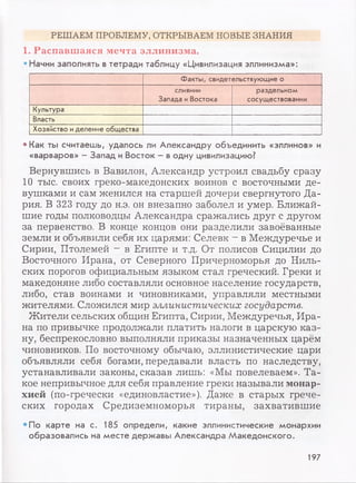 РЕШАЕМ ПРОБЛЕМУ, ОТКРЫВАЕМ НОВЫЕ ЗНАНИЯ
1. Распавшаяся мечта эллинизма.
•Н а ч н и зап о л н я ть в т е т р а д и та б л и ц у «Ц ивилизация эл л и н и зм а » :
Факты, свидетельствующие о
СЛИЯНИИ
Запада иВостока
раздельном
сосуществовании
Культура
Власть
Хозяйство иделение общества
• К а к ты с ч и т а е ш ь , у д а л о с ь ли А л е к с а н д р у о б ъ е д и н и ть «эл л и н о в» и
« в а р в а р о в » - З а п а д и В о с т о к - в о д н у ц ивилизац ию ?
Вернувшись в Вавилон, Александр устроил свадьбу сразу
10 тыс. своих греко-македонских воинов с восточными де­
вушками и сам женился на старшей дочери свергнутого Да­
рия. В 323 году до н.э. он внезапно заболел и умер. Ближай­
шие годы полководцы Александра сражались друг с другом
за первенство. В конце концов они разделили завоёванные
земли и объявили себя их царями: Селевк - в Междуречье и
Сирии, Птолемей - в Египте и т.д. От полисов Сицилии до
Восточного Ирана, от Северного Причерноморья до Ниль­
ских порогов официальным языком стал греческий. Греки и
македоняне либо составляли основное население государств,
либо, став воинами и чиновниками, управляли местными
жителями. Сложился мир эллинистических государств.
Жители сельских общин Египта, Сирии, Междуречья, Ира­
на по привычке продолжали платить налоги в царскую каз­
ну, беспрекословно выполняли приказы назначенных царём
чиновников. По восточному обычаю, эллинистические цари
объявляли себя богами, передавали власть по наследству,
устанавливали законы, сказав лишь: «Мы повелеваем». Та­
кое непривычное для себя правление греки называли монар­
хией (по-гречески «единовластие»). Даже в старых грече­
ских городах Средиземноморья тираны, захватившие
• П о к а р т е на с . 185 о п р е д е л и , к а к и е эл л и н и сти ч е ск и е м о н ар х и и
о б р а з о в а л и с ь на м е с т е д е р ж а в ы А л е к с а н д р а М а к е д о н с к о г о .
197
 