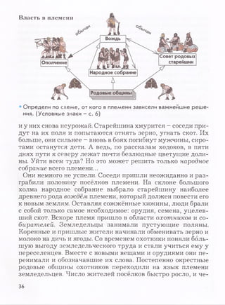 В л асть в п л ем ен и
• Определи по схеме, от кого в племени зависели важнейшие реше­
ния. (Условные знаки - с. 6)
и у них снова неурожай. Старейшина хмурится - соседи при­
дут на их поля и попытаются отнять зерно, угнать скот. Их
больше, они сильнее - вновь в боях погибнут мужчины, сиро­
тами останутся дети. А ведь, по рассказам ходоков, в пяти
днях пути к северу лежат почти безлюдные цветущие доли­
ны. Уйти всем туда? Но это может решить только народное
собрание всего племени...
Они немного не успели. Соседи пришли неожиданно и раз­
грабили половину посёлков племени. На склоне большого
холма народное собрание выбрало старейшину наиболее
древнего рода вождём племени, который должен повести его
к новым землям. Оставляя сожжённые хижины, люди брали
с собой только самое необходимое: орудия, семена, уцелев­
ший скот. Вскоре племя пришло в области охотников и со­
бирателей. Земледельцы занимали пустующие поляны.
Коренные и пришлые жители начинали обменивать зерно и
молоко на дичь и ягоды. Со временем охотники поняли боль­
шую выгоду земледельческого труда и стали учиться ему у
переселенцев. Вместе с новыми вещами и орудиями они пе­
ренимали и обозначавшие их слова. Постепенно окрестные
родовые общины охотников переходили на язык племени
земледельцев. Число жителей посёлков быстро росло, и че-
36
 