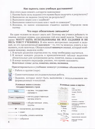 Как оценить свои учебные достижения?
Для этого надо освоить алгоритм самооценки:
1. Какова была цель задания (что нужно было получить в результате)?
2. Выполнено ли задание (получен ли результат)?
3. Выполнено верно или с ошибкой?
4. Выполнено самостоятельно или с чьей-то помощью?
5. Вспомни, по каким основаниям ставятся оценки. Определи свою
оценку.
Что надо обязательно запомнить!
Ни один человек не может знать всё. Поэтому мы учимся добывать те
знания, которые нужны для решения той или иной задачи. Также и на
уроке МОГУТ БЫТЬ ИСПОЛЬЗОВАНЫ НЕ ВСЕ ЗАДАНИЯ И НЕ
ВЕСЬ ТЕКСТ УЧЕБНИКА. В нём много интересных сведений и зада­
ний, но это предложенный максимум - то, что ты можешь узнать и вы­
полнить, если захочешь. Обязательный минимум знаний, который необ­
ходим каждому, выделен особо:
1. В начале разделов перечислено то, чему необходимо научиться.
2. В начале каждого раздела в хронологической таблице выделены
обязательные для запоминания даты, понятия, имена и названия.
3. В конце каждого параграфа указано, что нужно запомнить:
Ключевые слова: даты, понятия, имена, названия.
Ориентироваться в учебнике помогут условные обозначения
~ Работа в группе (паре).
- Самостоятельная исследовательская работа.
- Задания, которые могут быть выполнены с использованием ин­
формационных технологий.
Условные знаки к схемам
государственного строя
Царь -органы государствен­
ной власти
Совет старейшин
Патриции
- негосударственные
органы власти
—общественные слои,
группы
»*- - назначение, руководство
—*. - совет
--> - служба, уплата налогов
Н > - избрание
Условные знаки к картам
горы
и - Н
граница леса
..— тундра, болота
с о о
леса
' С степи
пустыни
Г Р Е К И племена и народы
С ЕГИ П ЕТ j границы и названия
государств
Г а л л и я исторические области
° Фивы города
® Рим столицы
Канны X 2 I 6 места и даты битв
переселение народов
‘ 4 S 0
военные походы
с датой
 