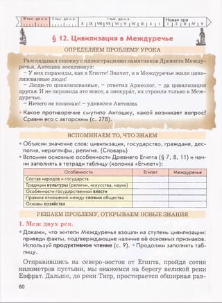 III тыс. до н.э. II тыс. до н.э. 1тыс. до н.э. Новая эра
/ 1 1 1 1 11111 1 1 1 1 11111
X I IX I VIII | VII | VI | V | IV | III | II | 1
1 1 11 1 III 1 IV | V
>
§ 1 2 . Цивилизация в М еж дуречье
ОПРЕДЕЛЯЕМ ПРОБЛЕМУ УРОКА
Разглядывая книжку с иллюстрациями памятников Древнего Между­
речья, Антошка воскликнул:
- У них пирамиды, как в Египте! Значит, и в Междуречье жили циви­
лизованные люди! J
- Люди-то цивилизованные, - ответил Археолог, - да цивилизация
другая. И не пирамида это вовсе, а зиккурат, их строили только в Меж­
дуречье.
- Ничего не понимаю! - удивился Антошка.
Какое противоречие смутило Антошку, какой возникает вопрос?
Сравни его с авторским (с. 278).
ВСПОМИНАЕМ ТО, ЧТО ЗНАЕМ
• Объясни значение слов: цивилизация, государство, граждане, дес­
потия, иероглифы, религия. (Словарь)
• Вспомни основные особенности Древнего Египта (§7, 8, 11) и нач­
ни заполнять в тетради таблицу (колонка «Египет»):
Особенности Египет Междуречье
Состав народов и государств
Традиции культуры (религии, искусства, науки)
Особенности государственной власти
Правила отношений между слоями общества
Основы хозяйства
РЕШАЕМ ПРОБЛЕМУ, ОТКРЫВАЕМ НОВЫЕ ЗНАНИЯ
1. Меж двух рек.
•Докажи, что жители Междуречья взошли на ступень цивилизации:
приведи факты, подтверждающие наличие её основных признаков.
Используй продуктивное чтение (с. 9). • Продолжи заполнять таб­
лицу.
Отправившись на северо-восток от Египта, пройдя сотни
километров пустыни, мы окажемся на берегу великой реки
Евфрат. Дальше, до реки Тигр, простирается обширная рав-
80
 