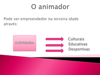 Pode ser empreendedor na terceira idade
através:
Culturais
Educativas
Desportivas
 