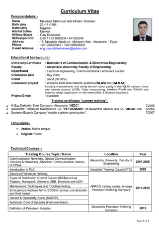 Page 1 of 2
Curriculum Vitae
Personal details:-
Name : Moustafa Mahmoud Abd-Elhalim Shaheen
Birth date : 23 /11 /1986
Nationality : Egyptian
Marital Status : Married
Military Status : Fully Exempted
ID/Passport No: : 2 86 11 23 8800034 / A11935248
Address : 17- Moustafa Abada st - Moharam Bak - Alexandria - Egypt
Phone : +201020020441 / +201099935918
E-mail Address : eng_moustafashaheen@yahoo.com
Educational background:-
UniversityCertificate : Bachelor’s of Communication & Electronics Engineering
Faculty : Alexandria University, Faculty of Engineering
Department : Electrical engineering, Communication& Electronics section
Graduation Date : May 2008
Grade : Good (69.09%)
Graduation project : Wireless local area network systems (WLAN) and (WI-MAX)
Including measurements and taking decision about quality of real WLAN system, Voice
over internet protocol (VOIP), Video broadcasting, Interface WLAN with WI-MAX and
Antenna design {application on Net interbuilding & Distance education}.
Project Grade : Excellent
Training certificates "summer training":-
 Al Ezz Dekheila Steel Company, Alexandria "AZDC". 7l2005
 Alexandria Petroleum Maintenance Co. "PETROMAINT" at Alexandria Mineral Oils Co. "AMOC" site. 8/2006
 Systems Experts Company "mobile stations construction". 7/2007
Languages:-
 Arabic: Native tongue.
 English: Fluent.
Technical Courses:-
Training Course Topic / Name Location Year
Communication Networks, Optical Communication
(Devices & Networks), Advanced Communication, Basics
of CCNA.
Alexandria University, Faculty of
Engineering
2007-2008
Introduction in PLC. Industrial Training Council (ITC) 2009
Basics of Petroleum Refining.
APRCO training center, Amerya
Petroleum Refining Company
2011-2015
Types of Distribution Control System (DCS) such as
Foxboro, Honeywell, Siemens, ABB, Emerson and UOP.
Maintenance Techniques and Troubleshooting.
Emergency shutdown items (ESD) for pumps, compressors
and fired heater.
Hazard & Operability Study (HAZOP).
Automatic Control Systems (Instrumentation).
Definition of Petroleum Industry.
Alexandria Petroleum Refining
Company
2015
 