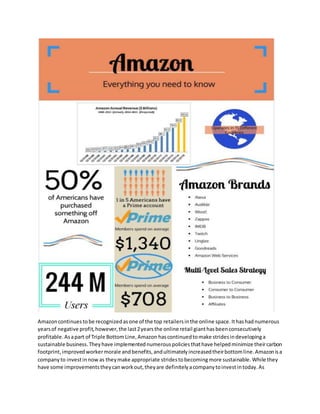 Amazoncontinuestobe recognizedasone of the top retailersinthe online space.Ithashadnumerous
yearsof negative profit,however,the last2yearsthe online retail gianthasbeenconsecutively
profitable.Asapart of Triple BottomLine,Amazon hascontinuedtomake stridesindevelopinga
sustainable business.Theyhave implementednumerouspoliciesthathave helpedminimize theircarbon
footprint,improvedworkermorale andbenefits,andultimatelyincreasedtheirbottomline.Amazonisa
companyto investinnow as theymake appropriate stridestobecomingmore sustainable. While they
have some improvementstheycanworkout,theyare definitelyacompanytoinvestintoday.As
 