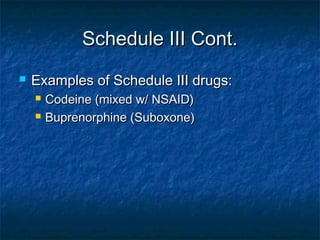 Schedule III Cont.Schedule III Cont.
 Examples of Schedule III drugs:Examples of Schedule III drugs:
 Codeine (mixed w/ NSAID)Codeine (mixed w/ NSAID)
 Buprenorphine (Suboxone)Buprenorphine (Suboxone)
 