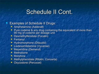 Schedule II Cont.Schedule II Cont.
 Examples of Schedule II Drugs:Examples of Schedule II Drugs:
 Amphetamine (Adderall)Amphetamine (Adderall)
 Pure codeine & any drug containing the equivalent of more thanPure codeine & any drug containing the equivalent of more than
90 mg of codeine per dosage unit90 mg of codeine per dosage unit
 Dexmethylfenidate (Focalin)Dexmethylfenidate (Focalin)
 FentanylFentanyl
 Hydromorphone (Dilaudid)Hydromorphone (Dilaudid)
 Lisdexamfetamine (Vyvanse)Lisdexamfetamine (Vyvanse)
 Meperidine (Demerol)Meperidine (Demerol)
 MethadoneMethadone
 MorphineMorphine
 Methylphenidate (Ritalin, Concerta)Methylphenidate (Ritalin, Concerta)
 Oxycodone (Percocet)Oxycodone (Percocet)
 