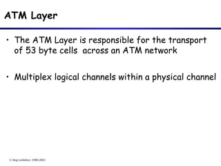 © Jörg Liebeherr, 1998-2003
ATM Layer
• The ATM Layer is responsible for the transport
of 53 byte cells across an ATM network
• Multiplex logical channels within a physical channel
 