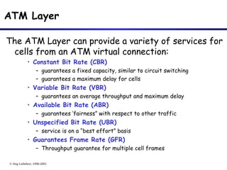© Jörg Liebeherr, 1998-2003
ATM Layer
The ATM Layer can provide a variety of services for
cells from an ATM virtual connection:
• Constant Bit Rate (CBR)
– guarantees a fixed capacity, similar to circuit switching
– guarantees a maximum delay for cells
• Variable Bit Rate (VBR)
– guarantees an average throughput and maximum delay
• Available Bit Rate (ABR)
– guarantees ‘fairness” with respect to other traffic
• Unspecified Bit Rate (UBR)
– service is on a “best effort” basis
• Guarantees Frame Rate (GFR)
– Throughput guarantee for multiple cell frames
 